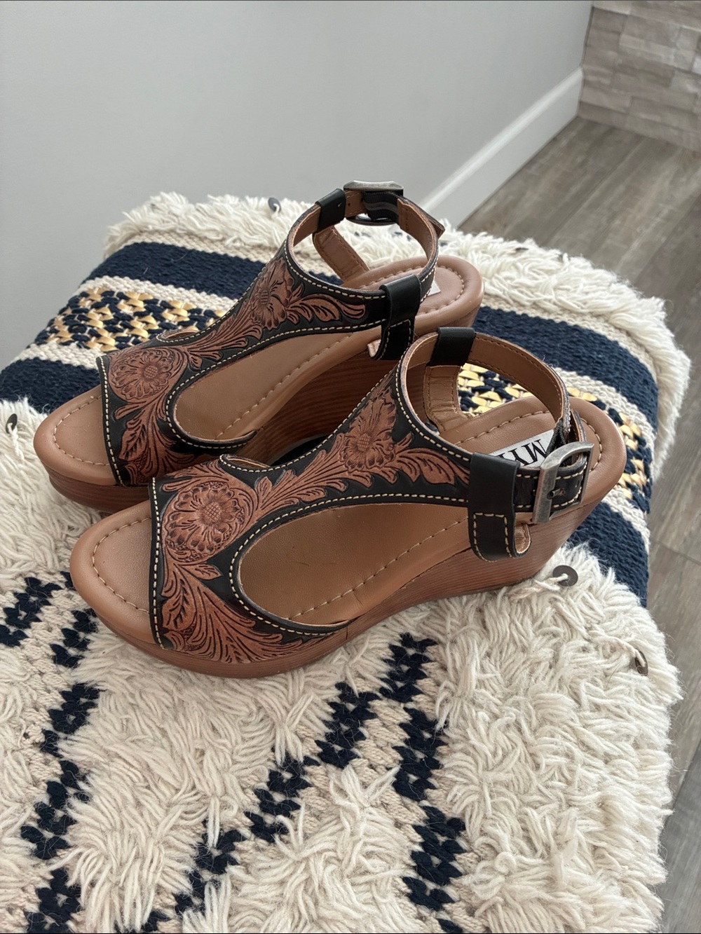 Myra Bag Brown and Black Floral-Embossed Wedge Sandals - Picture 2 of 3